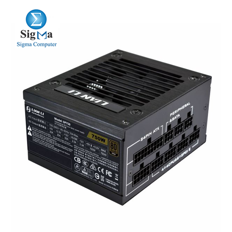 LIAN LI SP750 BLACK  750W fully modular SFX PSU  80 PLUS Gold  zero RPM fan below 40  load  Japanese capacitors  sleek black aluminum housing  5-year warranty.