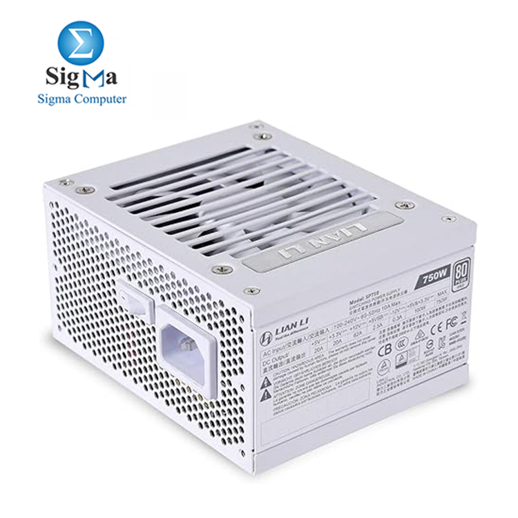 LIAN LI SP750 WHITE: 750W fully modular SFX PSU, 80 PLUS Gold, zero RPM fan below 40% load, Japanese capacitors, 5-year warranty.
