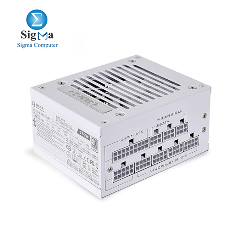 LIAN LI SP750 WHITE: 750W fully modular SFX PSU, 80 PLUS Gold, zero RPM fan below 40% load, Japanese capacitors, 5-year warranty.