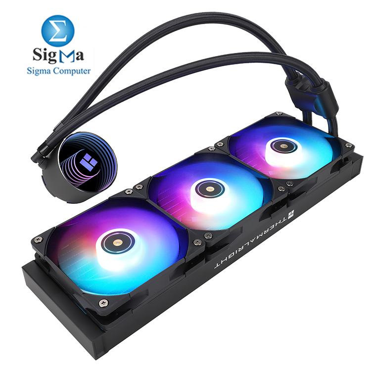 Thermalright Frozen Notte 360 Black ARGB V2 – 360mm liquid cooler with 3×120mm ARGB PWM fans, copper base, 5300RPM pump, S-FDB bearings, supports Intel LGA 1851/1700/1200/115X/2011 and AMD AM4/AM5.