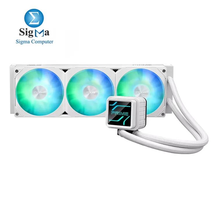 ASUS Prime LC 360 ARGB White Edition – 360mm AIO cooler with triple ARGB fans, copper block, sleeved tubes, Aura Sync, and support for Intel & AMD sockets.
