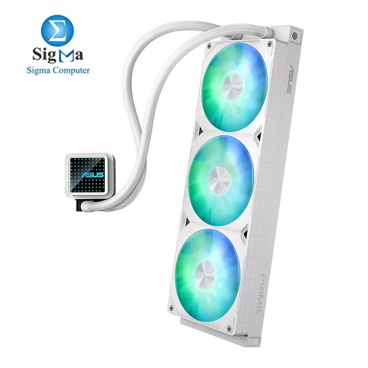 ASUS Prime LC 360 ARGB White Edition – 360mm AIO cooler with triple ARGB fans, copper block, sleeved tubes, Aura Sync, and support for Intel & AMD sockets.