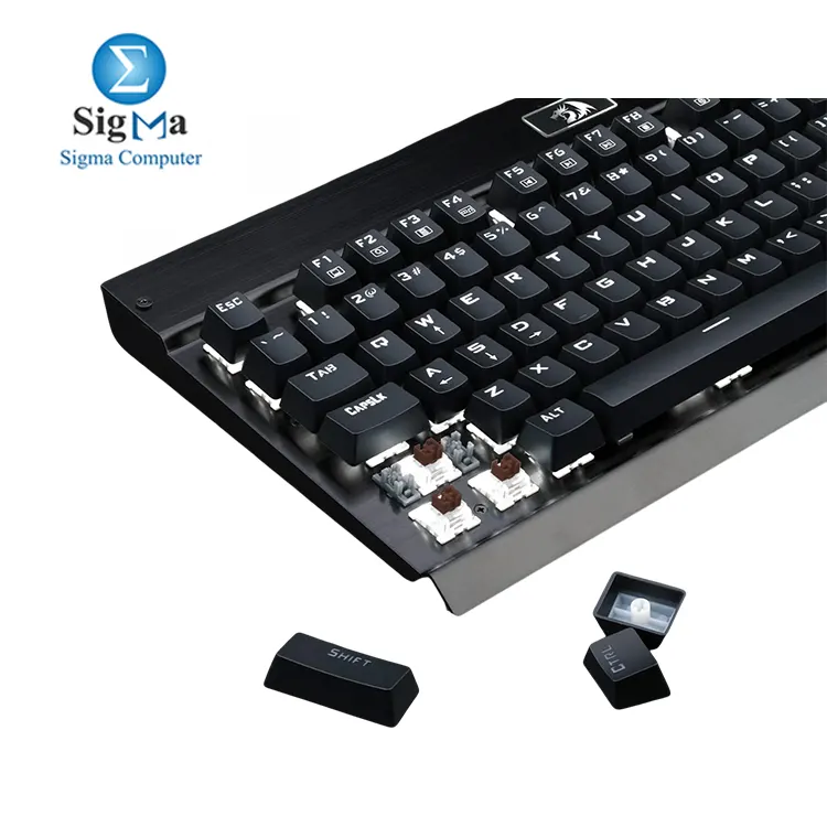 Redragon KG010 Mechanical Gaming Keyboard with dust-proof Brown switches, white LED backlight, full-size layout, and durable aluminum-ABS build – perfect for typing and gaming.