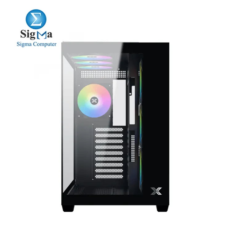 Xigmatek Aqua V Air     ATX case with 410mm GPU support  165mm CPU cooler clearance  360mm radiator support  dual tempered glass  and up to 10 fans.
