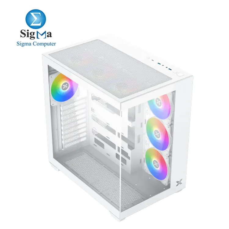 Xigmatek Aqua V Air Arctic  ATX case with 410mm GPU  165mm CPU cooler  360mm radiator support  dual tempered glass  up to 10 fans  USB-C  and 9 expansion slots.