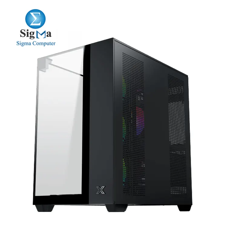 Xigmatek Aqua V supports ATX back plug motherboards, 410mm GPU, 165mm CPU cooler, 360mm radiator, 7 fans, with 3 tempered glass panels and top I/O including USB-C.