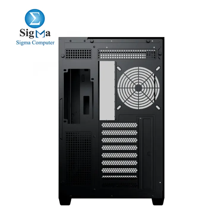 Xigmatek Aqua V supports ATX back plug motherboards, 410mm GPU, 165mm CPU cooler, 360mm radiator, 7 fans, with 3 tempered glass panels and top I/O including USB-C.