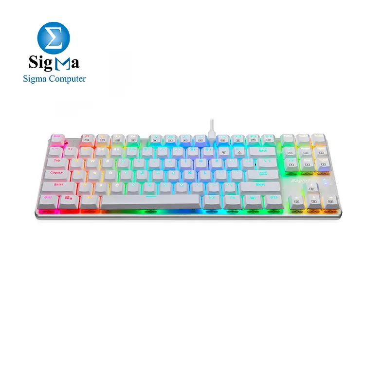 EagleTec KG061-BR RGB LED Backlit Mechanical Gaming Keyboard  Low Profile 87 Key USB Keyboard with Quiet Brown Switches for PC Gamer      White 