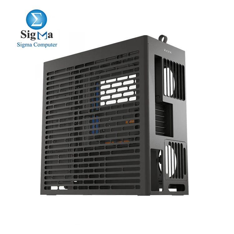 HAVN HS 420 VGPU Black – Premium dual-chamber mid tower by HAVN, supports E-ATX, vertical GPU with Gen 5.0 riser, up to 11 fans, dual 420mm radiators, and panoramic curved glass panel.