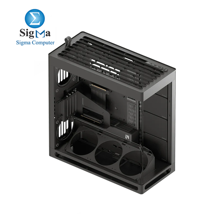 HAVN HS 420 VGPU Black – Premium dual-chamber mid tower by HAVN, supports E-ATX, vertical GPU with Gen 5.0 riser, up to 11 fans, dual 420mm radiators, and panoramic curved glass panel.