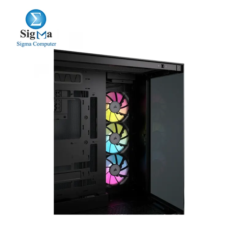 CORSAIR iCUE LINK 6500X RGB – Dual chamber mid-tower case with tempered glass, 3x RX120 RGB fans, reverse connector support, and radiator support up to 360mm.