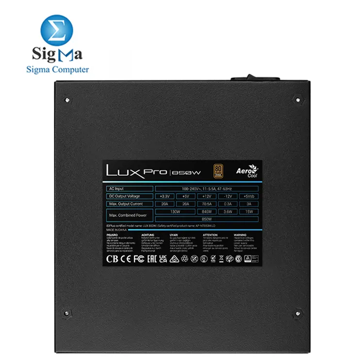 Aerocool LUX PRO 850W – 80Plus Bronze, ATX 3.0 & PCIe 5.0 ready, 105°C Japanese capacitor, FDB 14cm fan, semi-modular design.