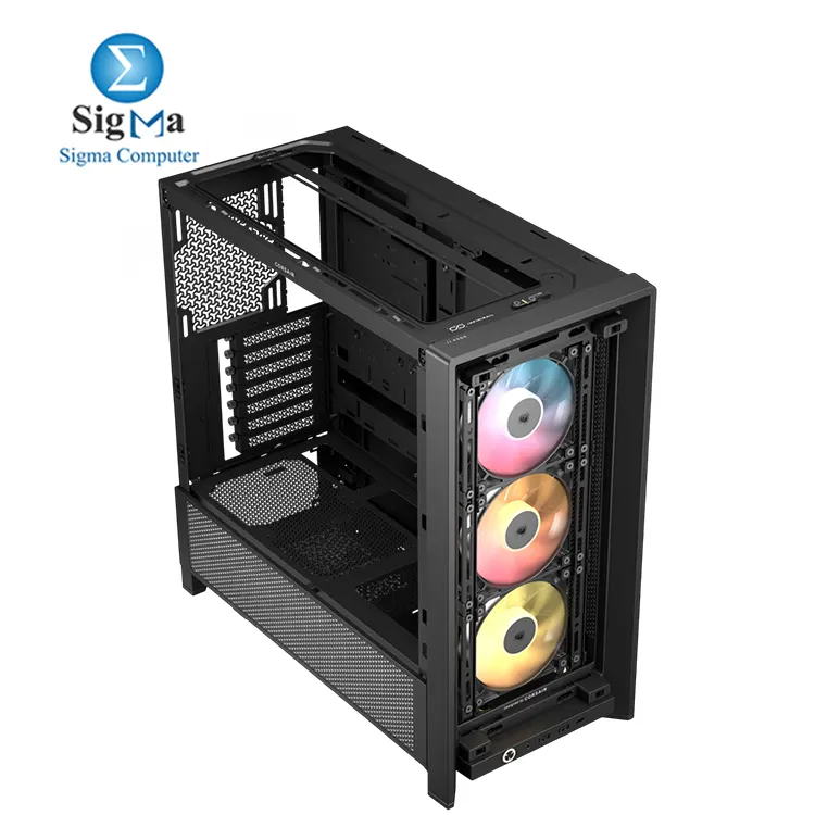 CORSAIR FRAME 4000D RS ARGB – Modular mid-tower case with 3x ARGB fans, 360mm radiator support, GPU anti-sag arm, and reverse connector motherboard compatibility.