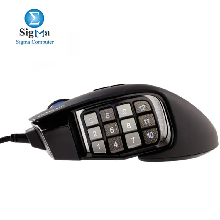 Corsair SCIMITAR RGB ELITE     MMO MOBA gaming mouse with 17 programmable buttons  18 000 DPI optical sensor  Key Slider     and 4-zone RGB lighting.