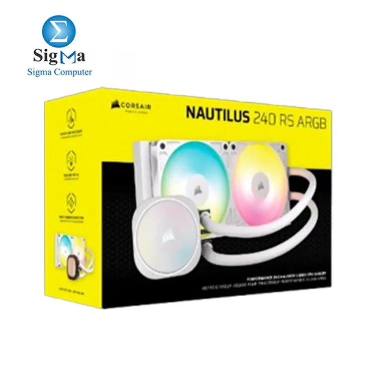Corsair NAUTILUS 240 RS ARGB     240mm RGB Liquid Cooler with dual 2100 RPM PWM fans  copper cold plate  low-noise performance  and Intel AMD socket support.