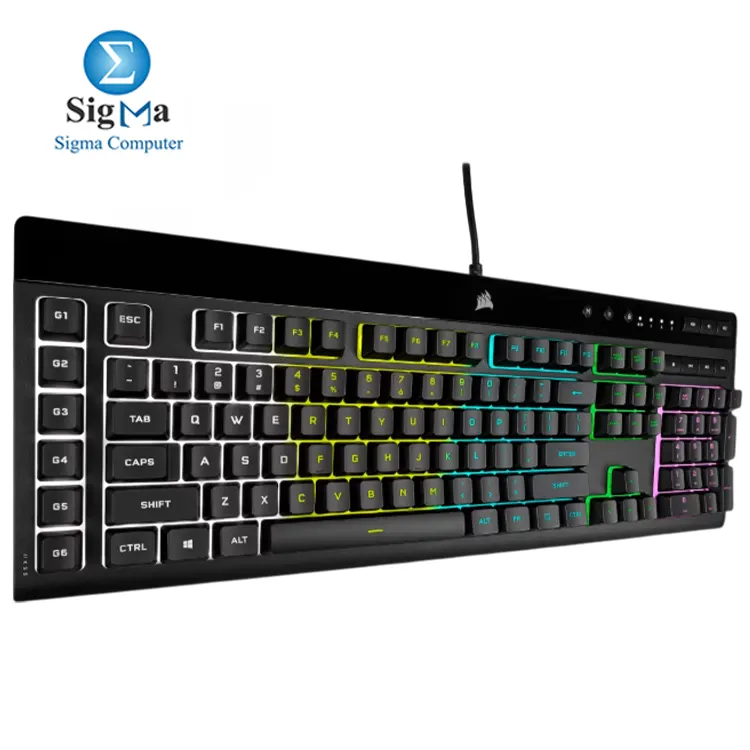 Corsair K55 RGB PRO – RGB backlighting, 6 macro keys, media controls, wrist rest, spill-resistant, rubber dome switches, USB wired.