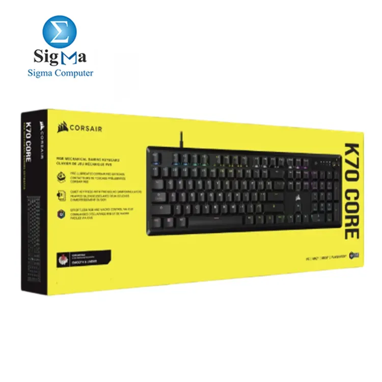 Corsair K70 CORE RGB Mechanical Keyboard – Full-size, MLX Red switches, 1000Hz polling rate, wired USB, iCUE support, anti-ghosting, FN media controls.