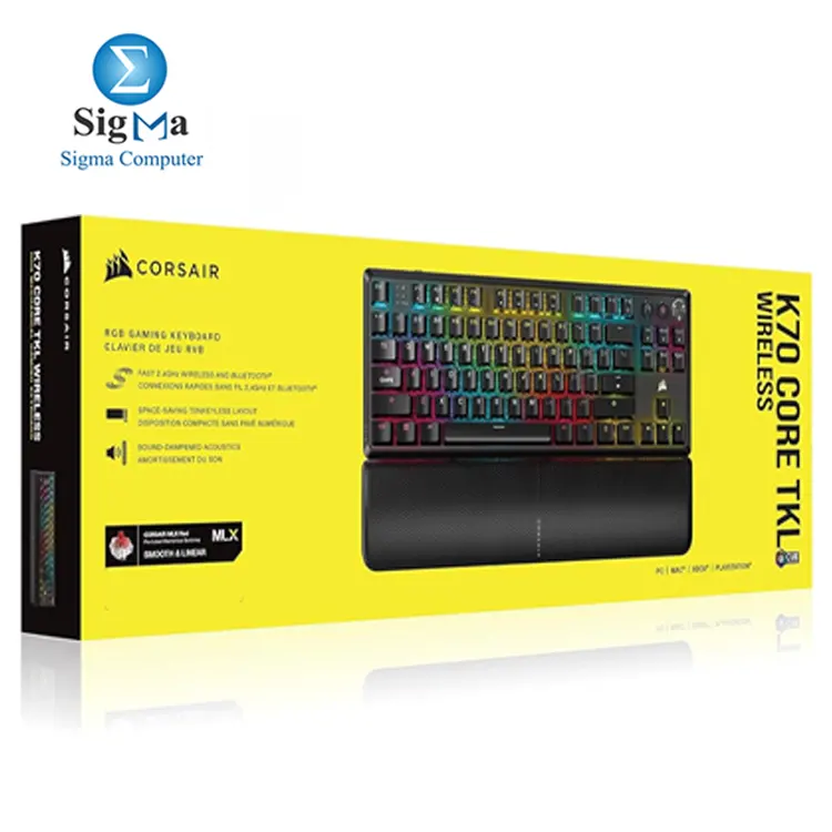 CORSAIR K70 CORE TKL WIRELESS     Tenkeyless mechanical keyboard with SLIPSTREAM wireless  MLX Red switches  up to 1 000h battery  wrist rest  and iCUE support.