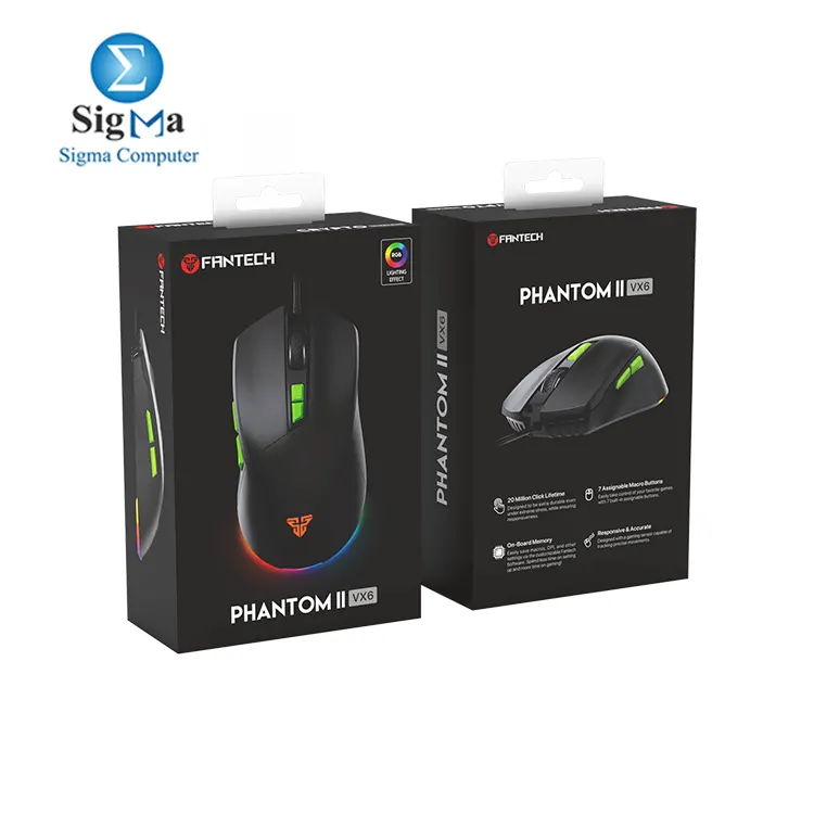 FANTECH PHANTOM II VX6 – 7,200 DPI, 7 programmable buttons, 20M clicks, 60 IPS, 1.8m braided cable.