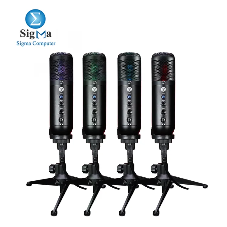 Fantech LEVIOSA MCX01 Professional condenser USB microphone with cardioid pattern  RGB lighting  adjustable tripod  20Hz-20kHz frequency response  and 48kHz 16-bit sample rate.