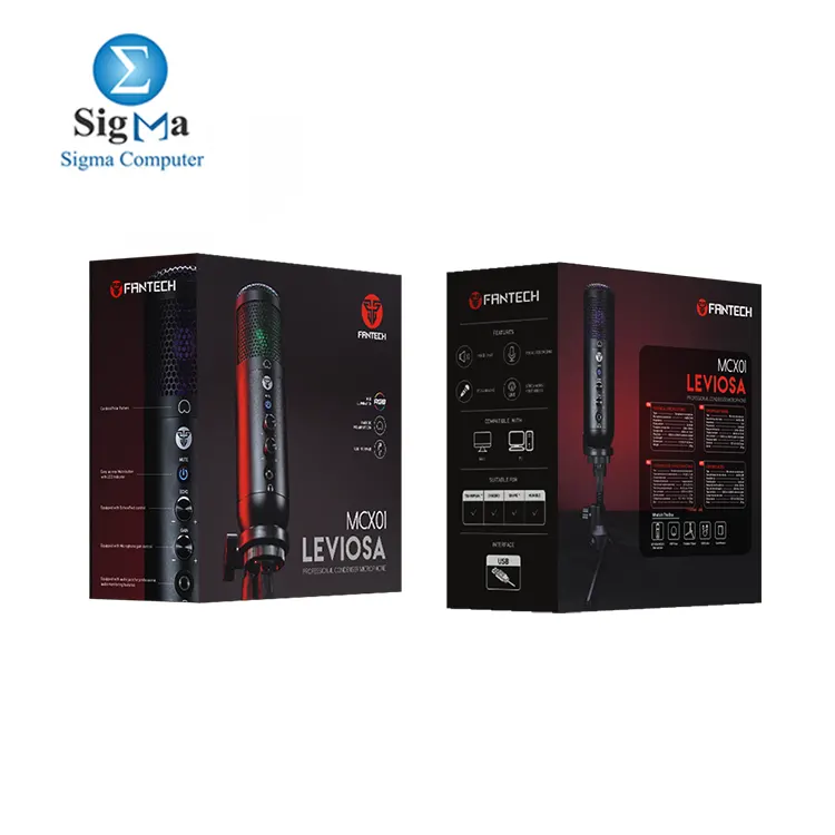 Fantech LEVIOSA MCX01 Professional condenser USB microphone with cardioid pattern  RGB lighting  adjustable tripod  20Hz-20kHz frequency response  and 48kHz 16-bit sample rate.