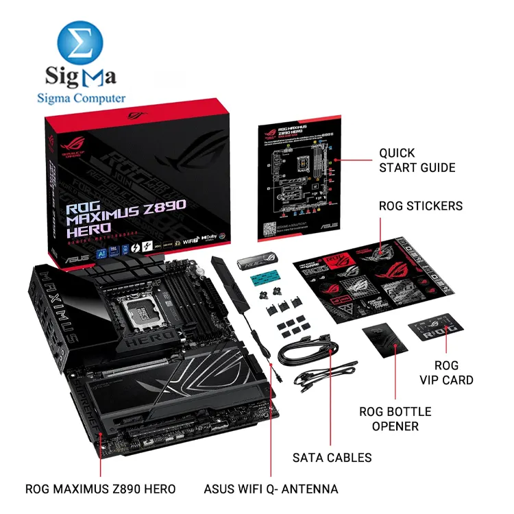 ASUS ROG MAXIMUS Z890 HERO  Intel Z890  LGA1851  DDR5 up to 256GB 9200  MT s  PCIe 5.0 x16  6x M.2 slots  Wi-Fi 7  Dual Ethernet  2.5Gb   5Gb   Thunderbolt 4  SupremeFX audio  ATX.