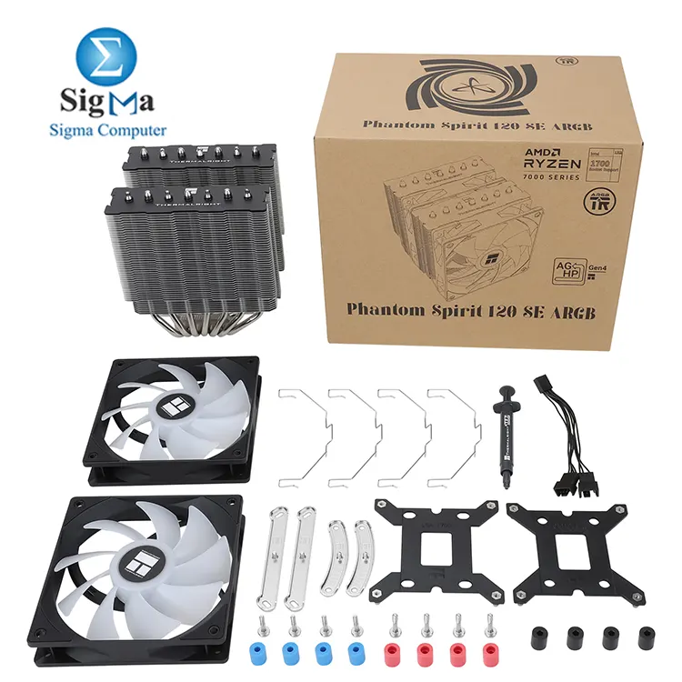 Thermalright Phantom Spirit 120 SE ARGB – Dual tower cooler with 7×6mm heatpipes, 154mm height, 120mm fan at 1500 RPM, 66.17 CFM, ARGB 3-Pin 5V, S-FDB bearing.