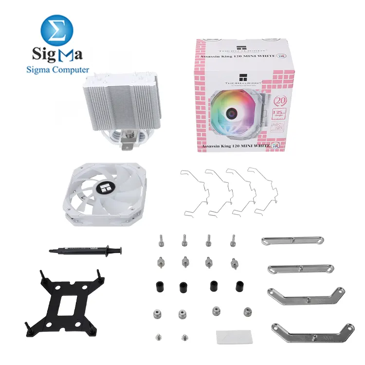 Thermalright Assassin King 120 Mini WHITE ARGB – 135mm height, 5×6mm heatpipes, 980g, 120mm fan (1500 RPM, 64.87 CFM, 25.6 dBA), ARGB, Intel & AMD support