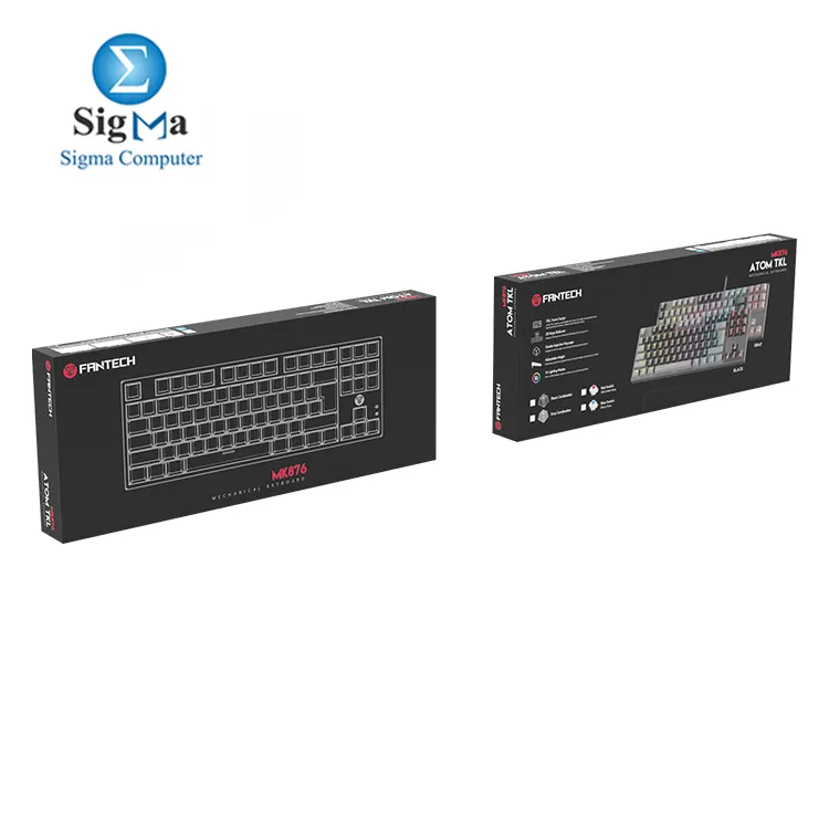 FANTECH ATOM MK876     TKL mechanical keyboard with 87 keys  blue red switches  25-key anti-ghosting  double injection keycaps  and 13 RGB lighting modes.