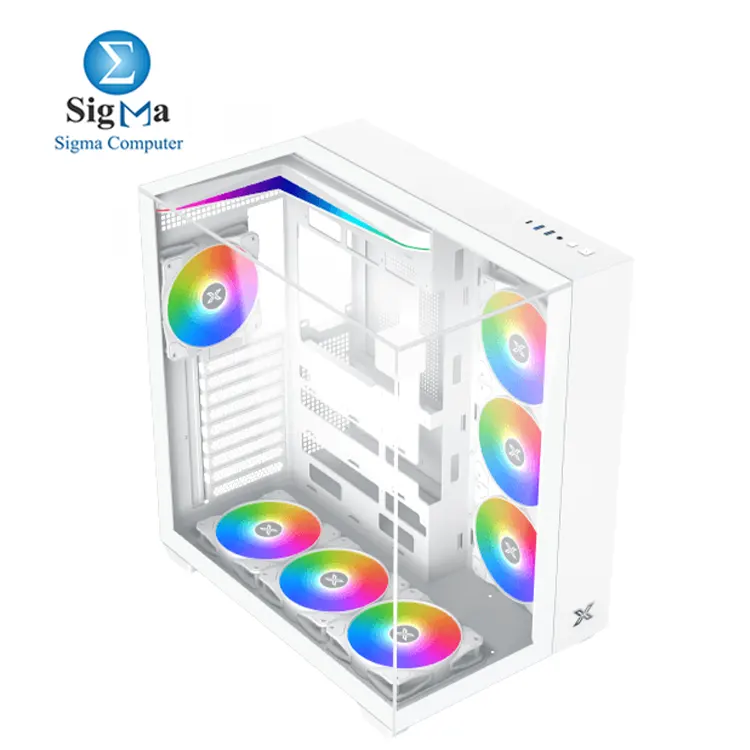 Xigmatek Aqua V Arctic     ATX case with 165mm CPU cooler  410mm GPU  7-fan   360mm radiator support  3 tempered glass panels  USB-C front I O.
