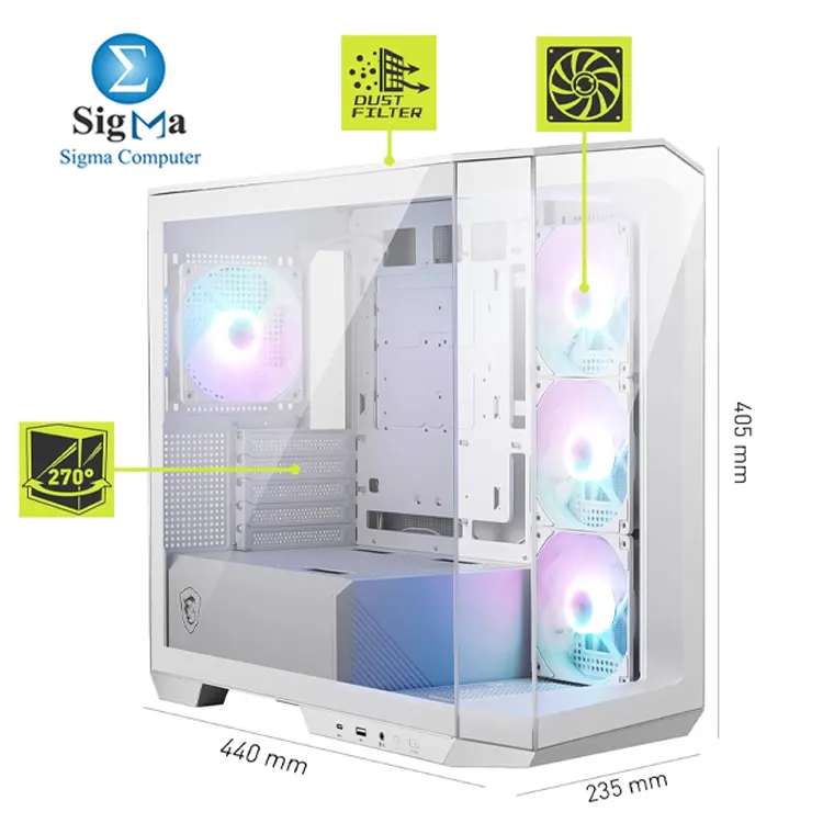 MSI MAG PANO M100R PZ   WHITE     Micro-ATX case with back-connect support  270   tempered glass  supports 360mm top radiator  390mm GPU  4 pre-installed ARGB fans  and USB-C front I O.