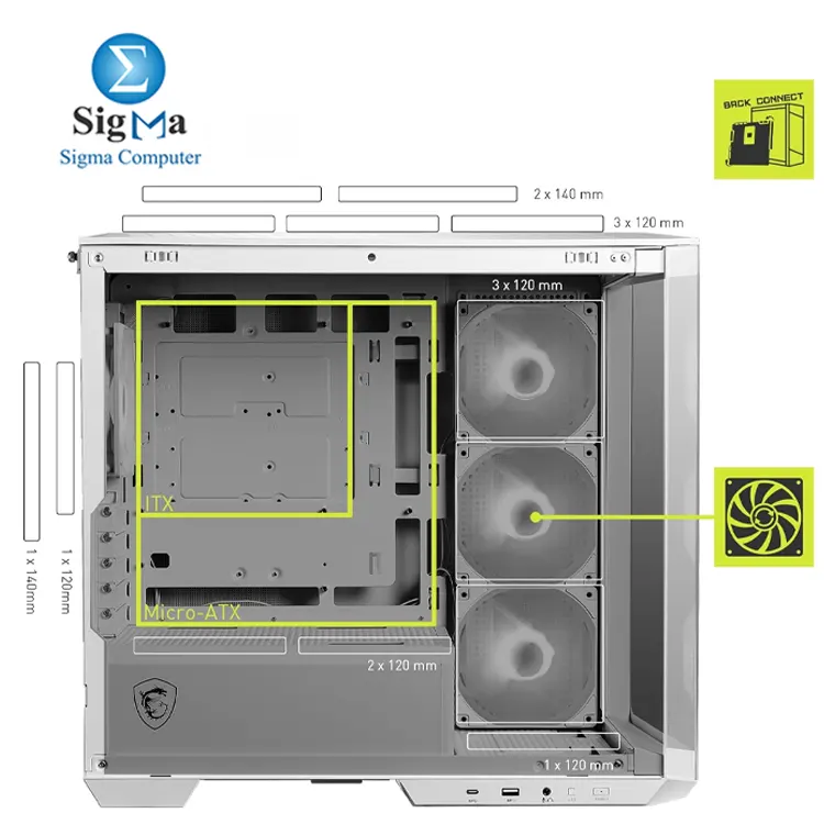 MSI MAG PANO M100R PZ   WHITE     Micro-ATX case with back-connect support  270   tempered glass  supports 360mm top radiator  390mm GPU  4 pre-installed ARGB fans  and USB-C front I O.